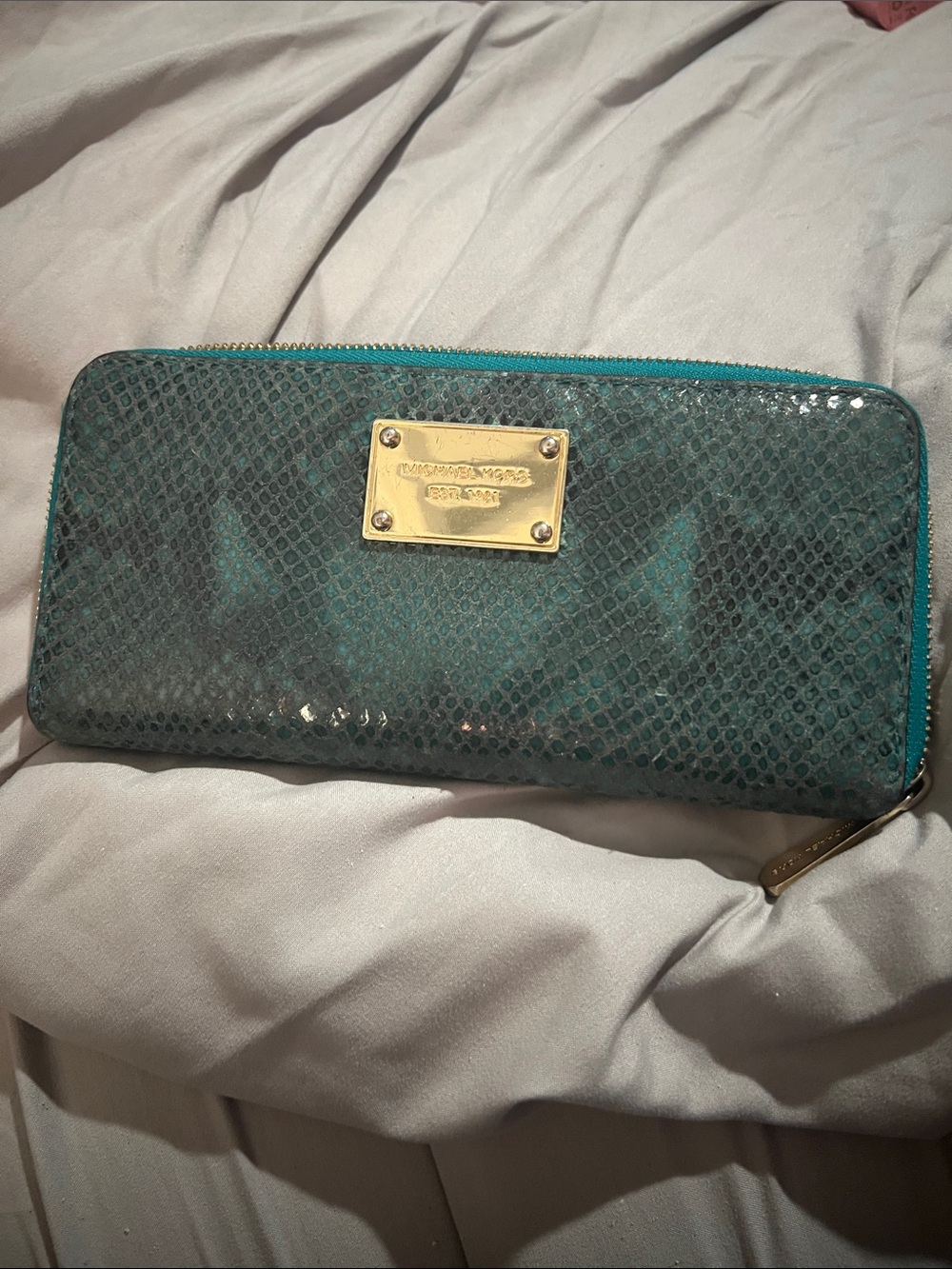 Michael Kors Teal Snake-Embossed Zip-Around Wallet with Gold Plate